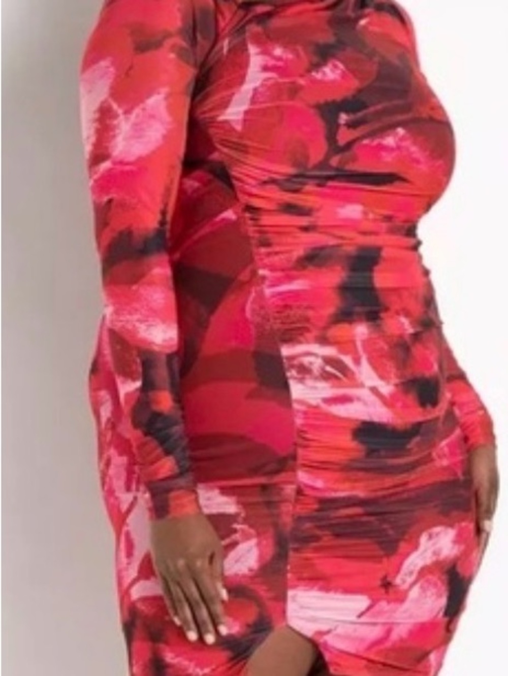 Eloquii Red and Pink Abstract Ruched Long Sleeve Dress